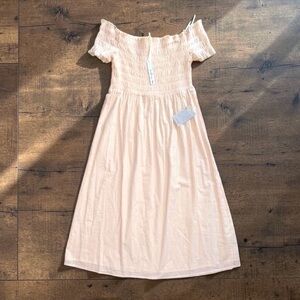 Maisie NWT Off Shoulder Smocked Peach Pin Striped Cotton Midi Dress Large